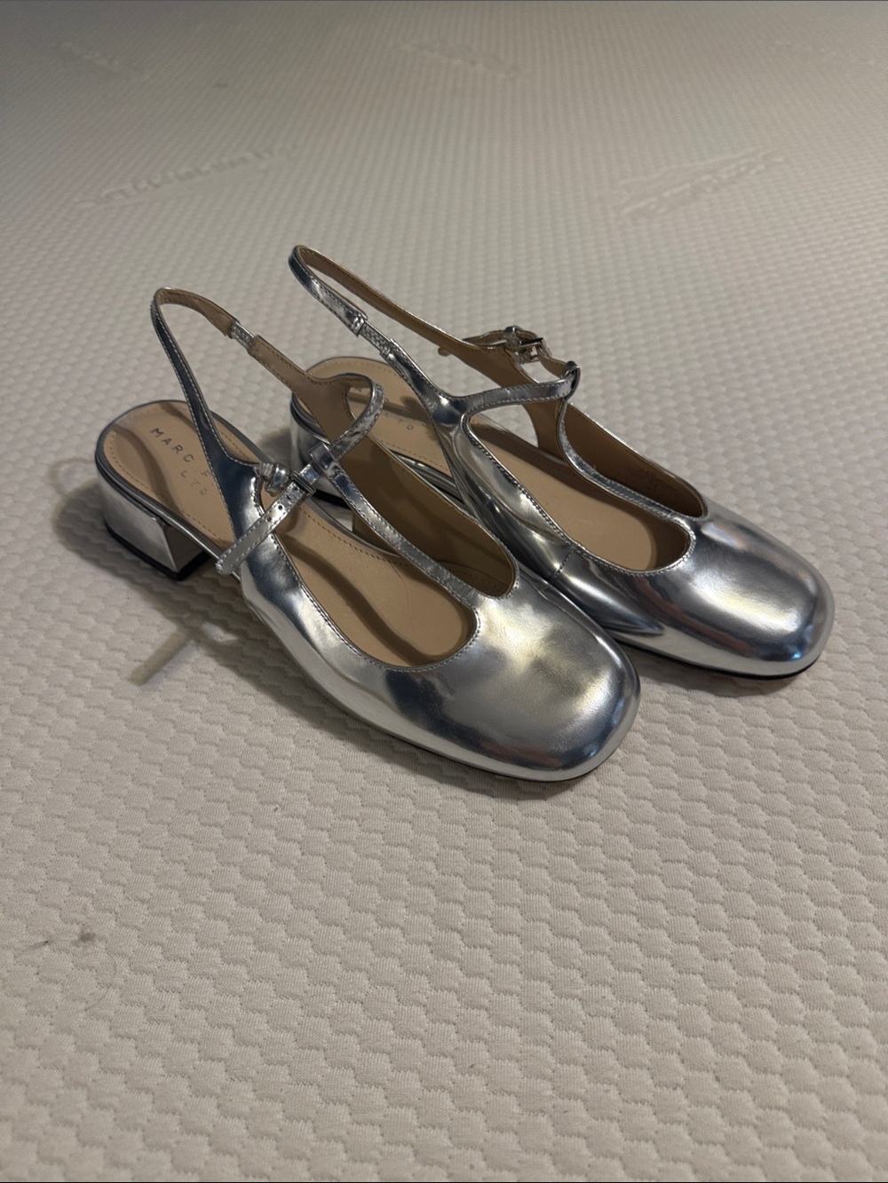 Marc Jacobs Metallic Silver T-Strap Block Heel Pumps